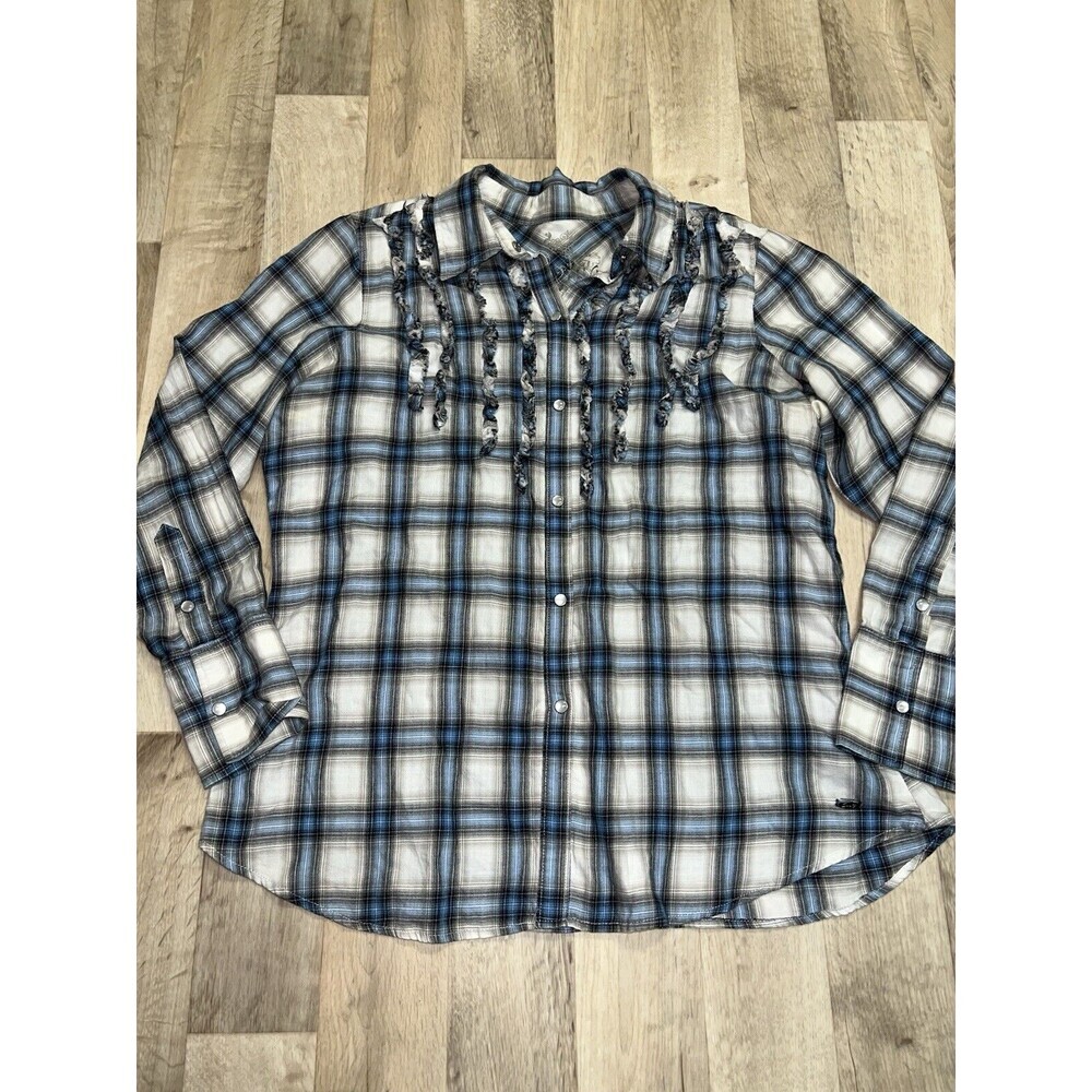 SEVEN7 Pleated Ruffle Blue Plaid Pearl Snap Button Front Long Sleeve Top 18/20